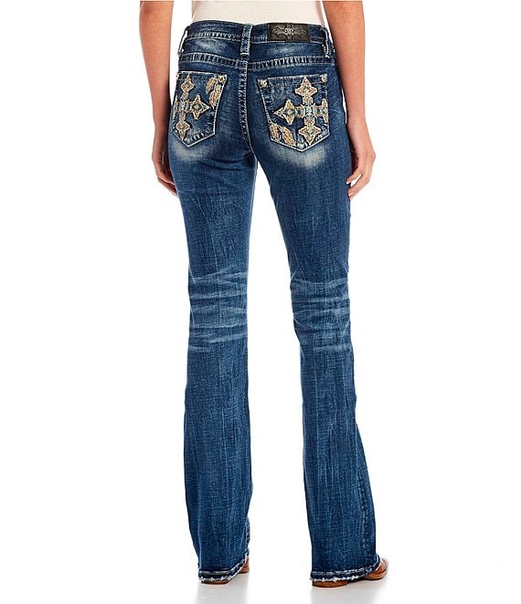 Miss Me Mid Rise Embroidered Turquoise Rhinestone Cross Pocket Bootcut  Jeans