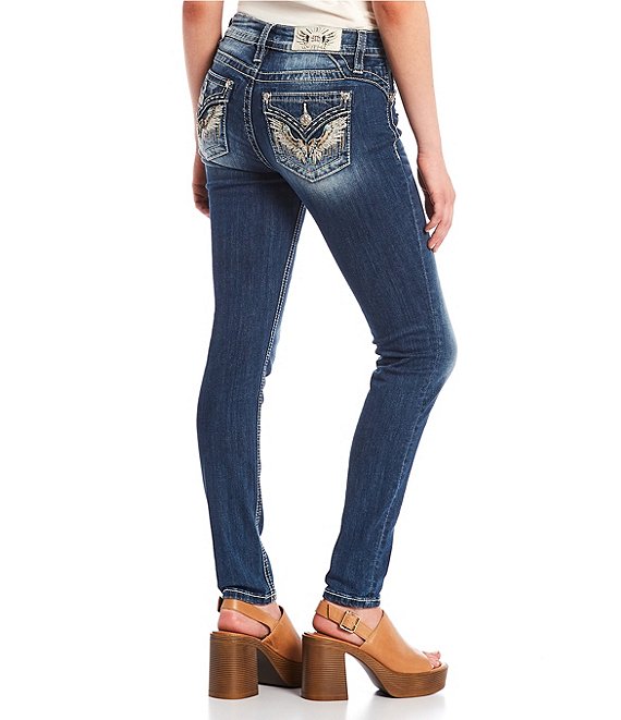 Color:Medium Blue - Image 1 - Mid Rise Embroidered Wings Flap Pocket Skinny Jeans