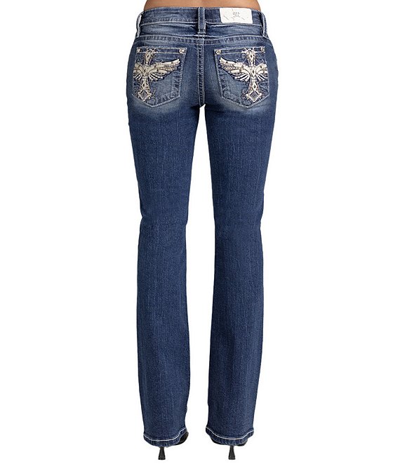Miss Me Winged Cross Embroidered Mid Rise Bootcut Jeans, Dark Blue - Image 1