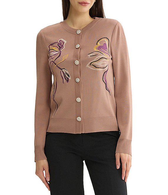 MISSOK Wrinkle-Resistant Embroidered Knit Ribbed Neck Long Sleeve Button-Front Cardigan