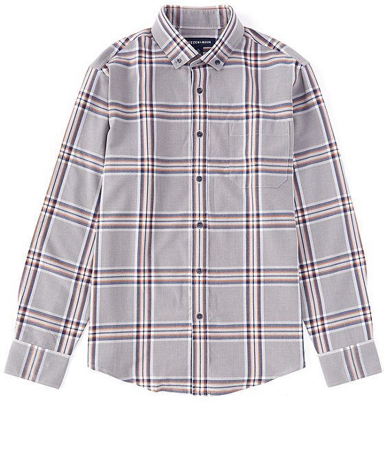 Color:Gray Heather - Image 1 - City Flannel Heather Large Plaid Performance Stretch Long-Sleeve Woven Shirt