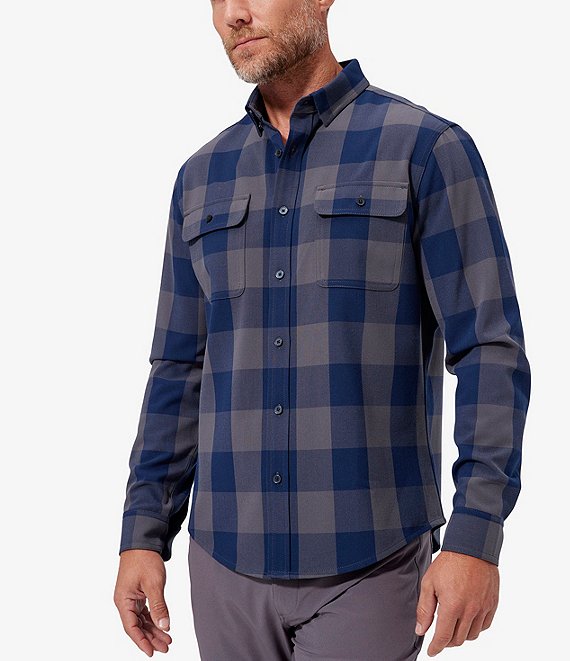 Color:Gray/Navy Buffalo Plaid - Image 1 - Upstate Flannel Buffalo Plaid Performance Stretch Long-Sleeve Woven Shirt