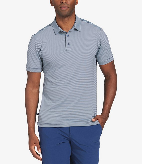 Color:Navy/Light Blue - Image 1 - Versa Stripe Print Performance Stretch Short Sleeve Polo Shirt
