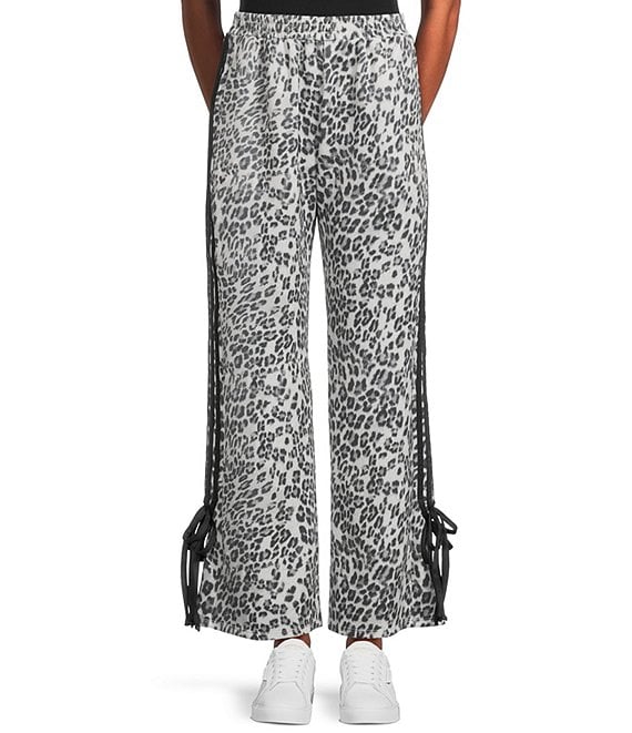 Moa Moa Animal Print Wide Leg Side Tie Pants, Black - Image 1