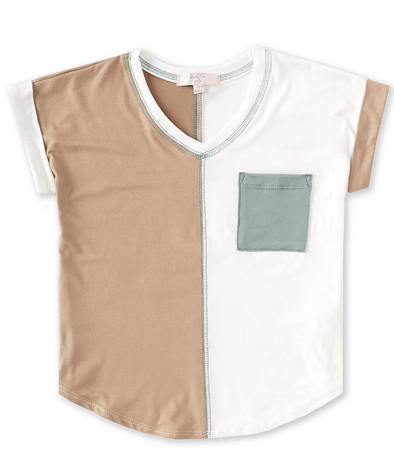 Color:Ivory/Mocha -Sage - Image 1 - Big Girls 7-16 Short-Sleeve Color Block Pocket T-Shirt