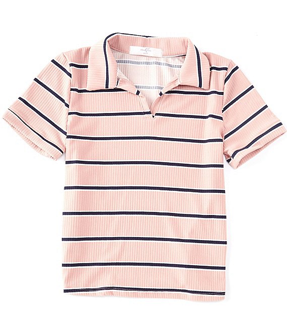 Color:Pink - Image 1 - Big Girls 7-16 Short Sleeve Striped Johnny Collar Top