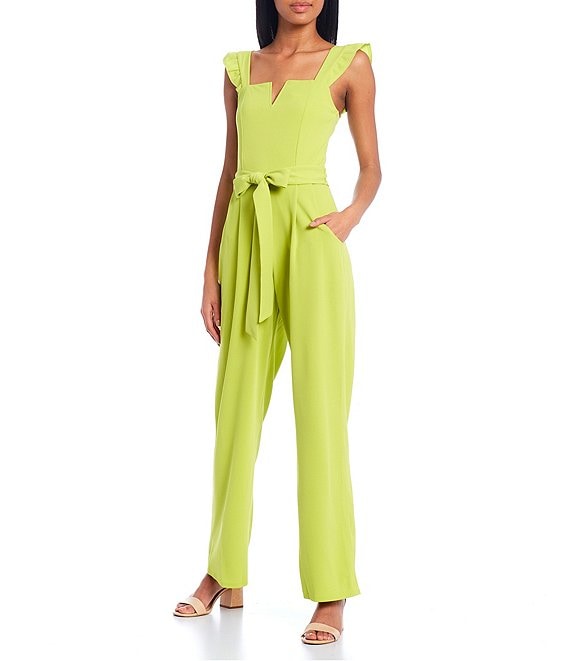 Color:Bright Chartreuse - Image 1 - Flutter Strap Notch Front Jumpsuit