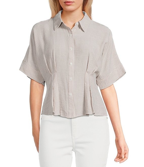 Moa Moa Linen Striped Point Collar Short Sleeve Button Front Cinched Top