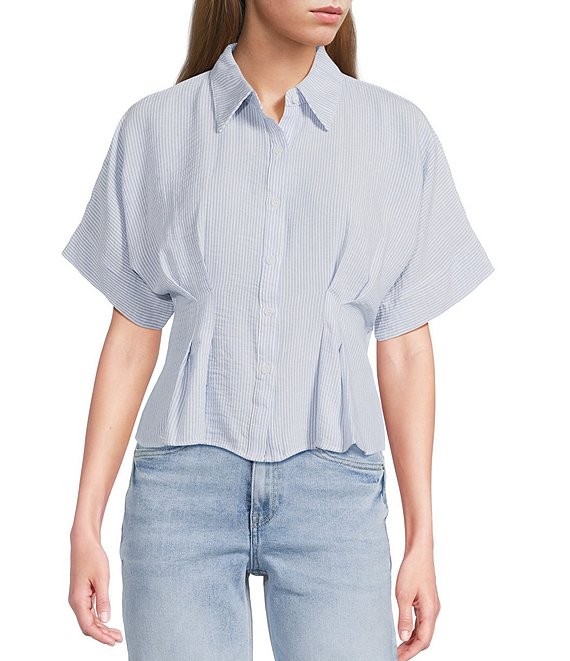 Moa Moa Linen Striped Point Collar Short Sleeve Button Front Cinched Top