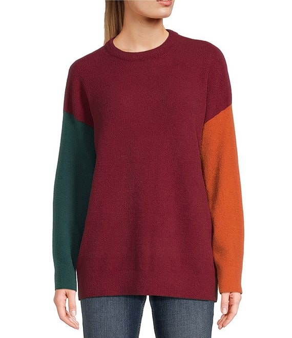 Moa Moa Long Sleeve Color Block Tunic Sweater, Red Pear - Image 1