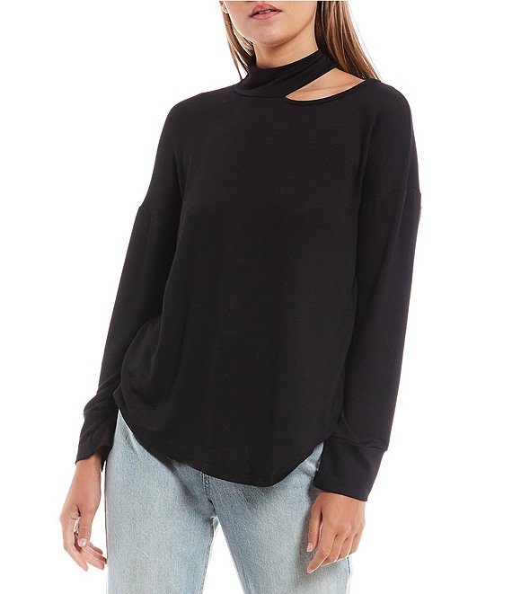 Color:Black - Image 1 - Mock Neck Cutout Long Sleeve Pull On Top