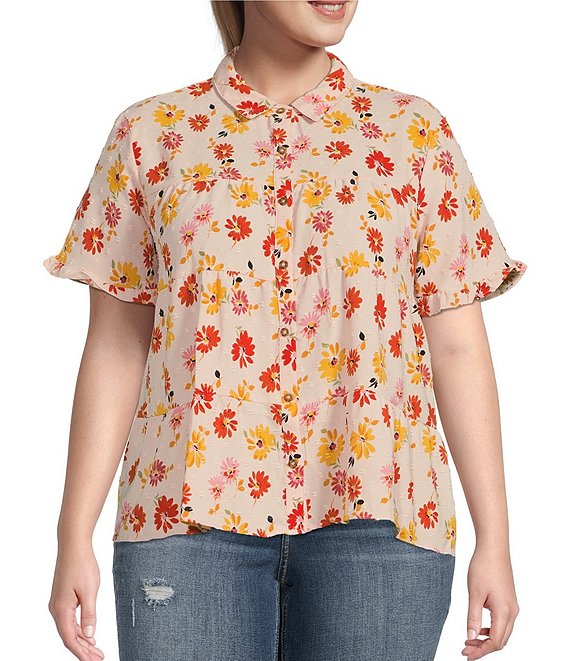 Color:Floral Multi - Image 1 - Plus Size Floral Print Woven Collared Short Ruffled Sleeve Tiered Button Front Shirt