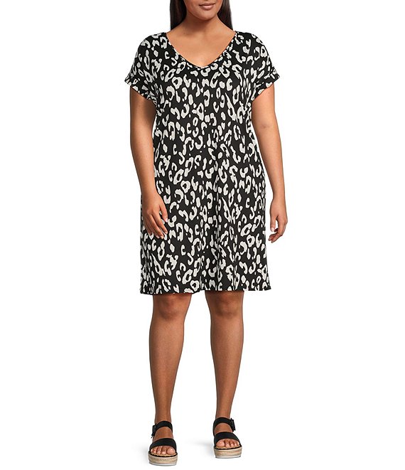 Moa Moa Plus Size V-Neck Short Sleeve Striped T-Shirt Dress, New Black - Image 1