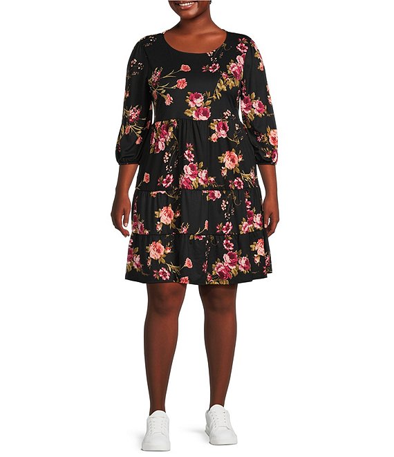 Moa Moa Plus Size Round Neck 3/4 Sleeve Floral Print Tiered Dress