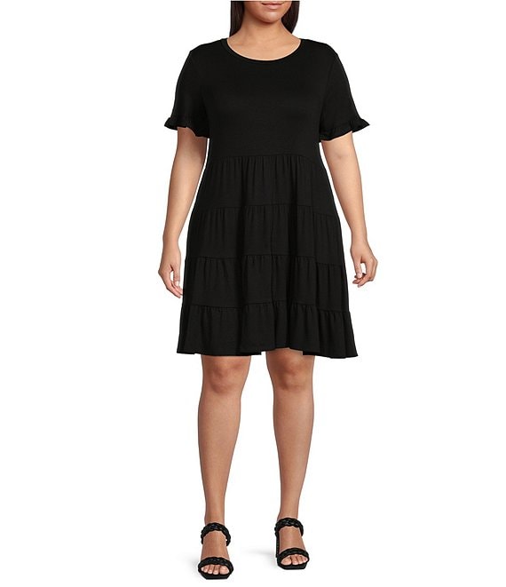Color:Black - Image 1 - Plus Size Round Neck Short Flutter Sleeve Tiered Dress