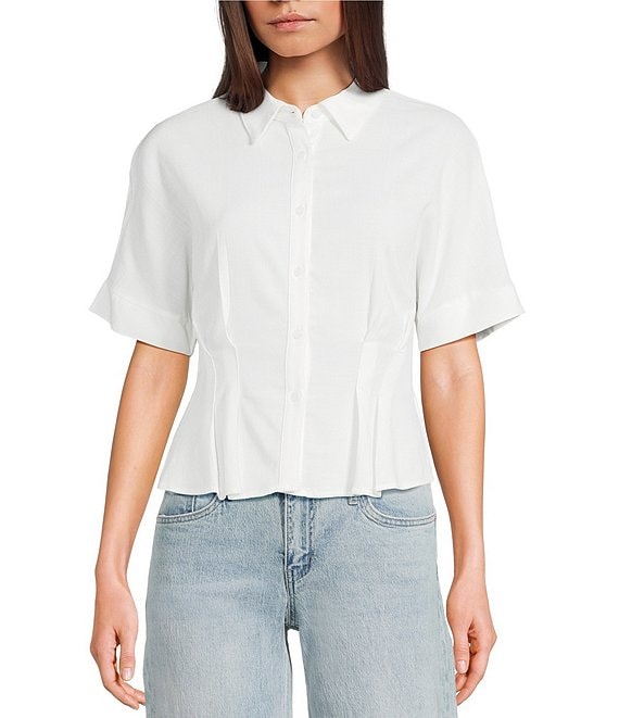 Moa Moa Point Collar Short Sleeve Button Front Cinched Top