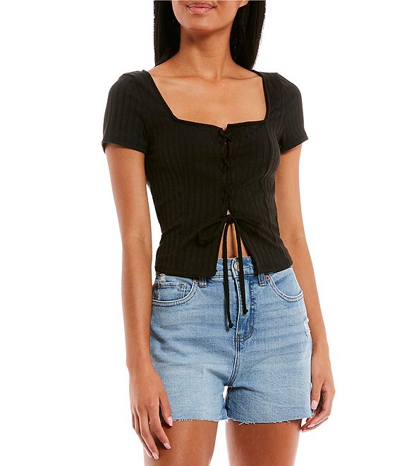 Moa Moa Short Sleeve Lace-Up Front Corset Top
