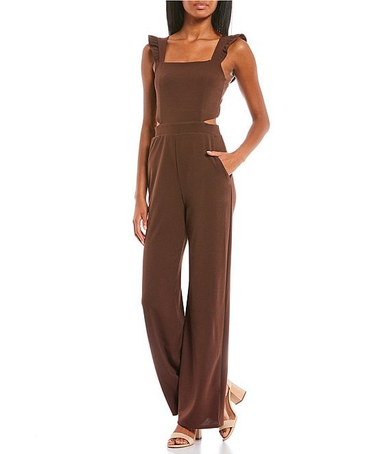 Color:Chocolate Brown - Image 1 - Sleeveless Cut-Out Back Wide Leg Jumpsuit