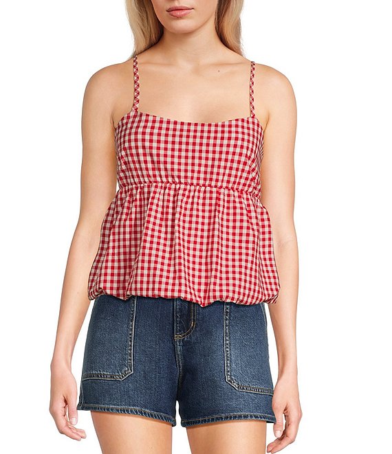 Moa Moa Sleeveless Gingham Printed Bubble-Hem Tank Top