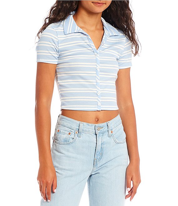 Moa Moa Stripe Ribbed Knit Button Front Polo Crop Top