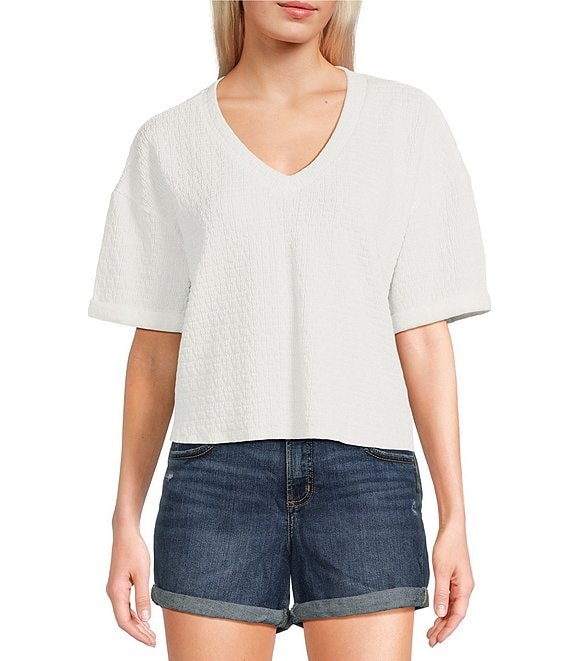 トップス moa Moa Moa Striped V-Neck Short Sleeve Cropped Top | Dillard's