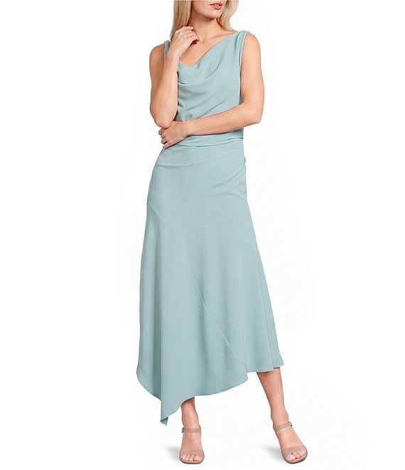 Mod Ref Cowl Neck Sleeveless Cinched Asymmetric Midi Dress