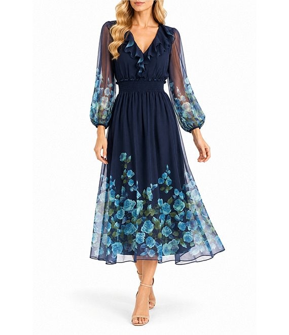 Moda Tara Floral Chiffon Ruffle Neck Midi Dress