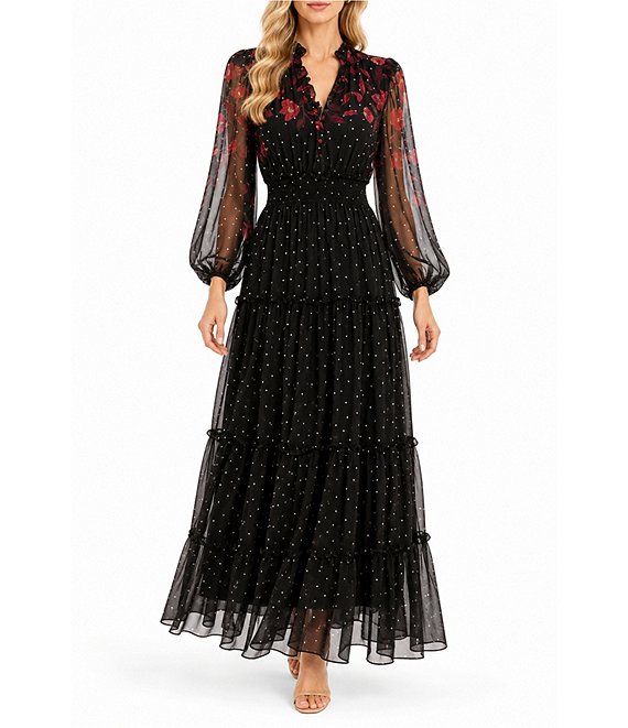 Moda Tara Printed Chiffon Button Front Tiered Maxi Dress