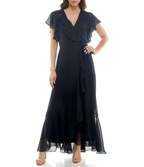 Moda Tara Short Sleeve Ruffled Chiffion Maxi Dress, Navy - Image 1