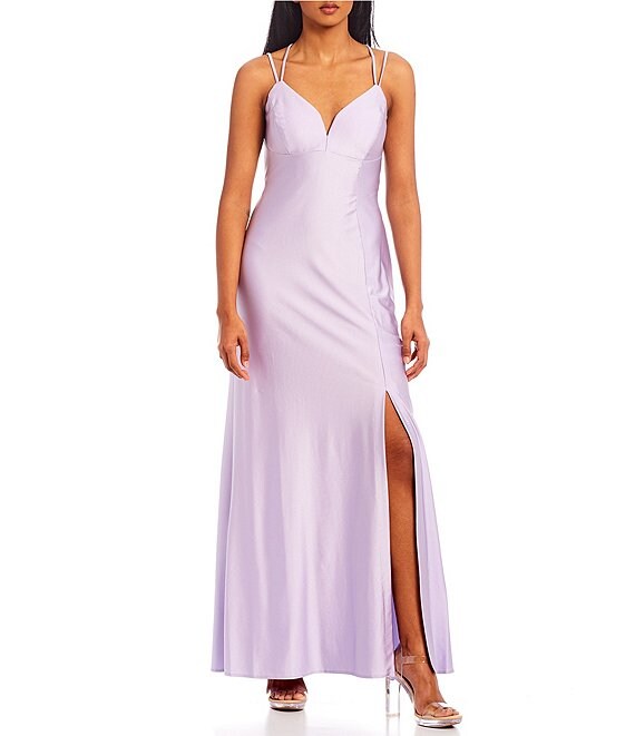 Color:Lavender - Image 1 - Double Spaghetti Strap V-Neck Slim Lace-Up Back Power Sateen Slit Long Dress