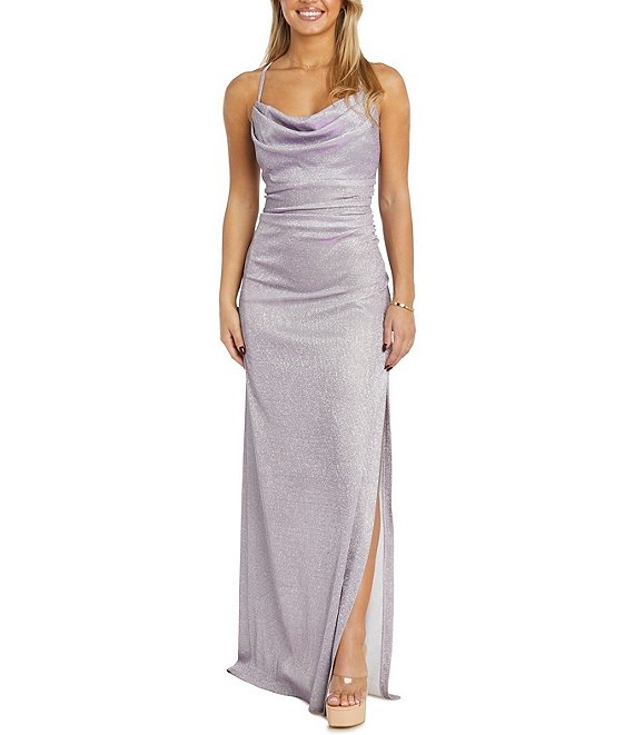 Morgan Co. Metallic Shine Drape Neck Ruched Side Slit Long Dress