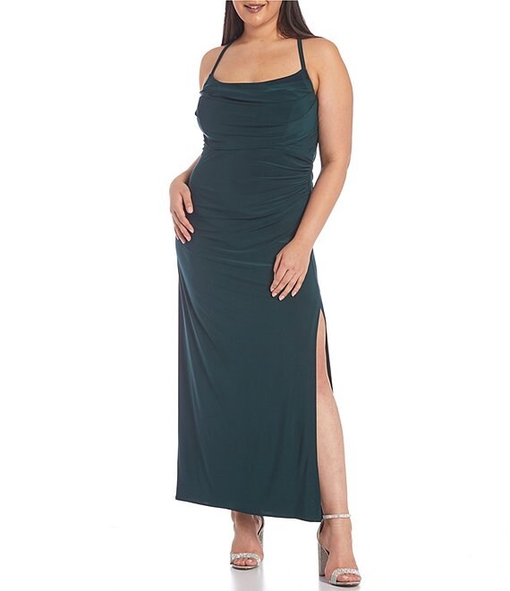 Morgan & Co. Plus Spaghetti Strap Cowl Neck X-Back Ruched ITY Long Slit ...