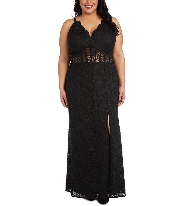 Color:Black - Image 1 - Plus Spaghetti Strap Scalloped V-Neck Lace Corset Long Dress