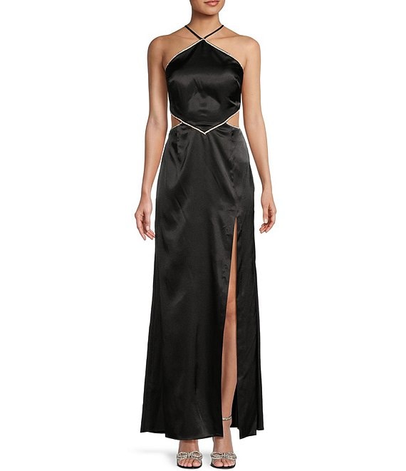 Morgan & Co. Satin Rhinestone Trim Halter Neck Side Cut-Out Long Dress ...