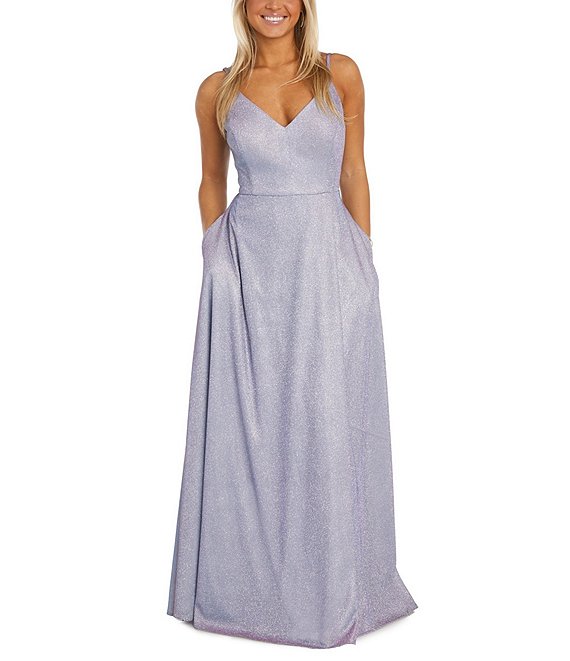 Color:Lilac - Image 1 - Spaghetti Strap V-Neck Sherri Shine Glitter Hidden Pocket Gown