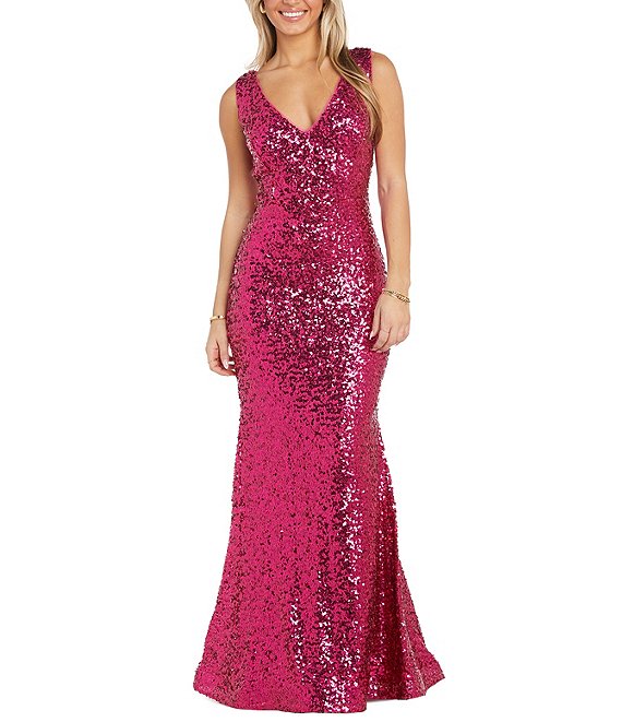 Honey and Rosie Sequin Front Slit Long Dress