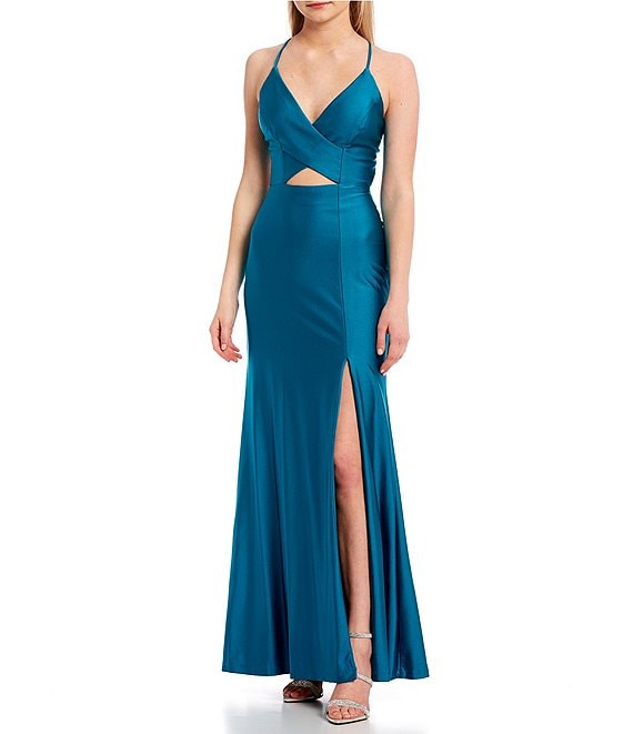 Color:Jade - Image 1 - Spaghetti Strap V-Neck Cut Out Wrap Front Slit Hem Power Sateen Long Dress