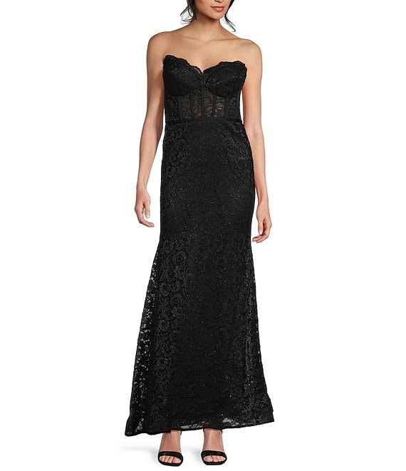 Morgan & Co. Strapless Glitter Illusion Lace Corset Long Dress | Dillard's