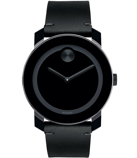 Black Dial Black Leather Strap Watch