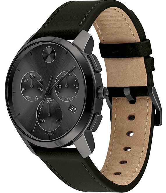 Movado Bold Men S Black Ip Leather Swiss Quartz Chronograph Watch