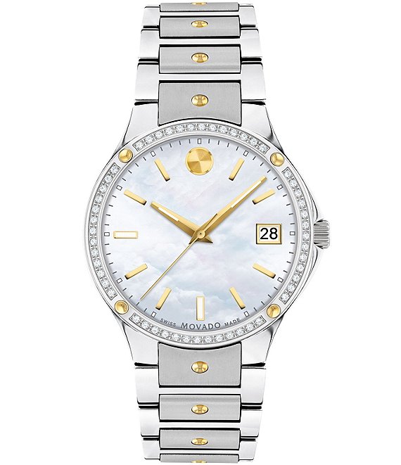 Color:Silver - Image 1 - Women's SE Genuine Diamond Set Bezel MOP Dial Bracelet Watch