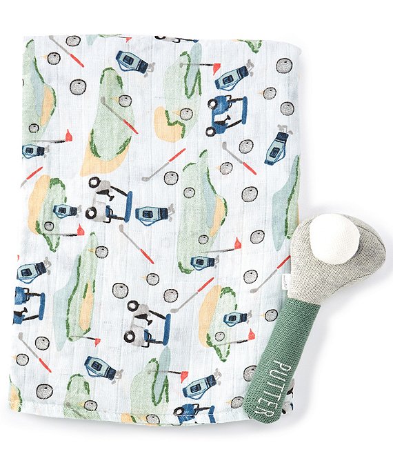 Mud Pie Baby Boys Golf Muslin Swaddle Blanket & Rattle Gift Set