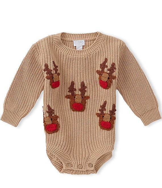 Mud Pie Baby Boys Long Sleeve Crochet Reindeer Face Bodysuit