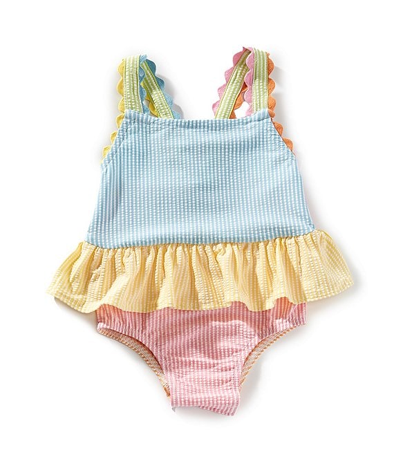 Mud Pie Baby Girls Color Block Seersucker Swimsuit, Blue - Image 1