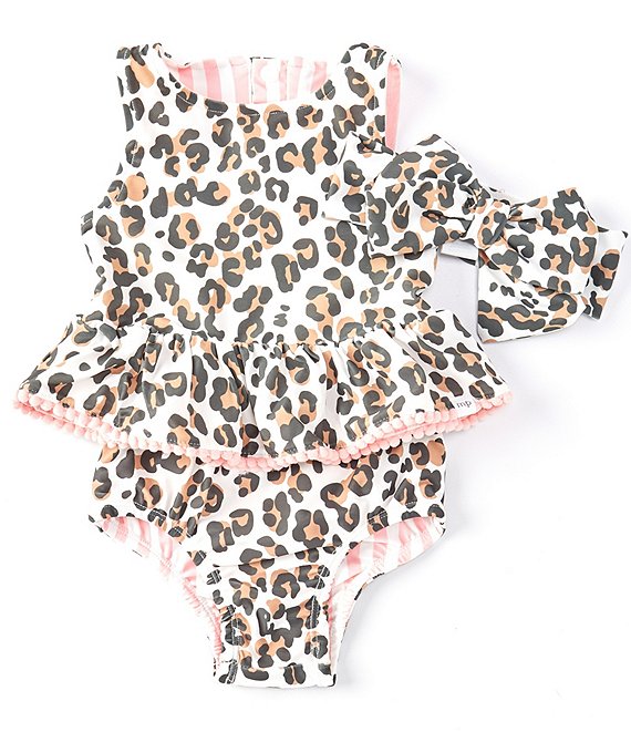 Color:Brown Leopard/Pink Stripe - Image 1 - Baby Girls 3-18 Months Leopard to Stripe Reversible Two-Piece Peplum Swimsuit & Bow Headband Set