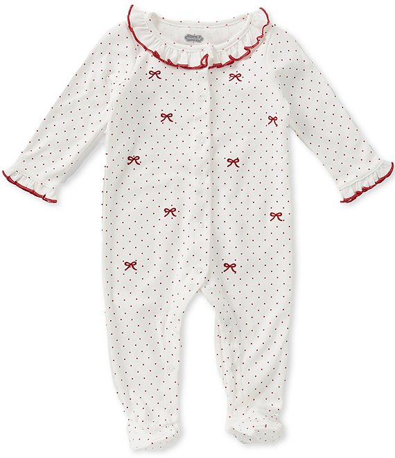 Mud Pie Baby Girls Long-Sleeve Pindotted/Bow-Embroidered Footed Coverall