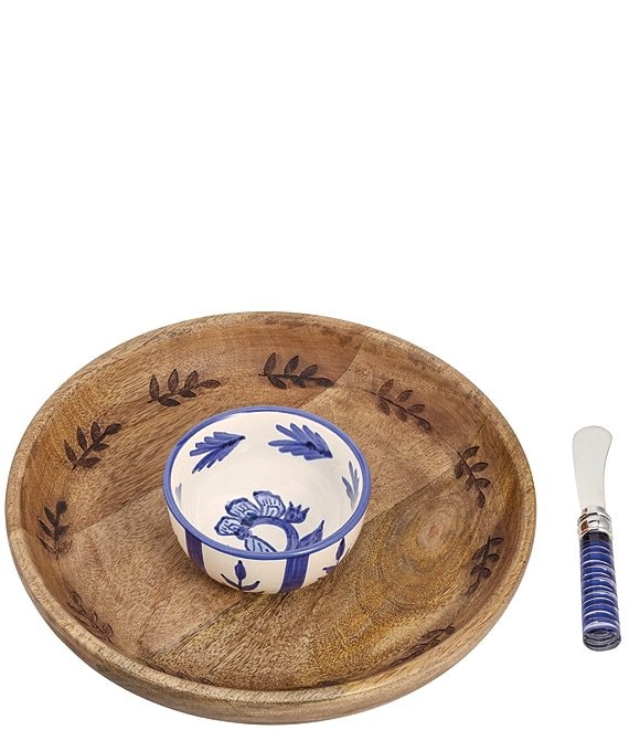 Mud Pie Blue Willow Collection Wood and Ceramic Chip and Dip Set