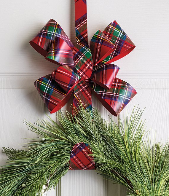 Mud Pie Classic Christmas Collection Tartan Plaid Metal Bow Wreath Door Hanger