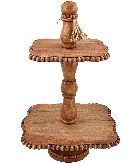 Mud Pie Wood Beaded Tiered Server, 3 Tier Wooden Cake Stand Myer