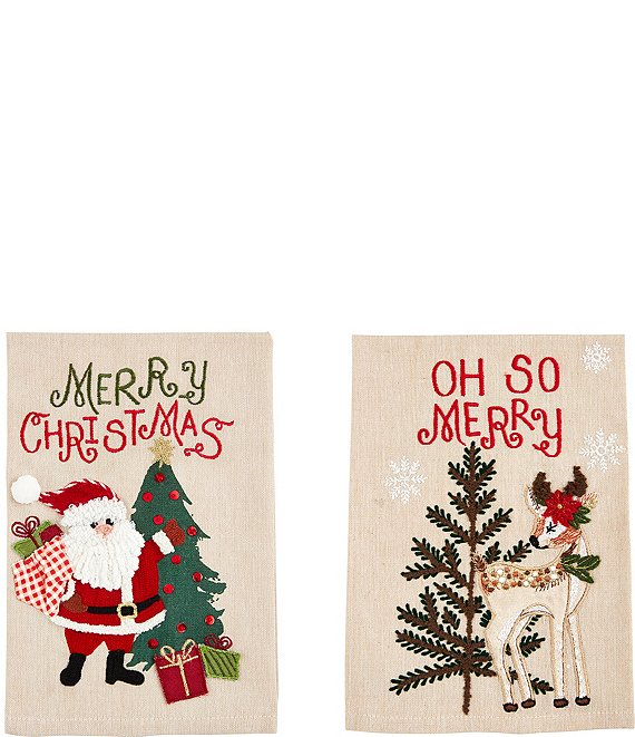 Mud Pie Holly Jolly Deer & Santa Christmas Embroidered Towels, Set of 2